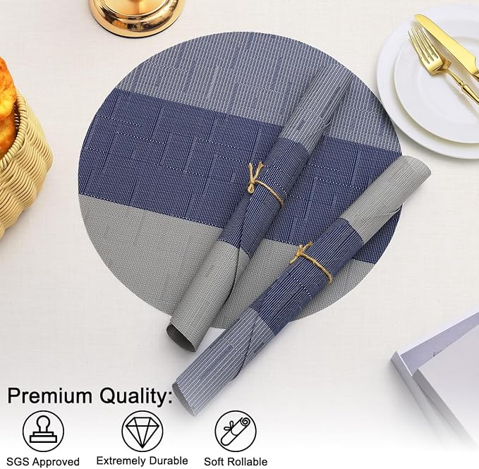 Round Placemats Set of 4, 15 Inch Woven Vinyl Heat Resistant Place Mats, Washable Non Slip PVC Table Mats for Kitchen Dining Party Outdoor Table Decor (Blue Gray, 4)
