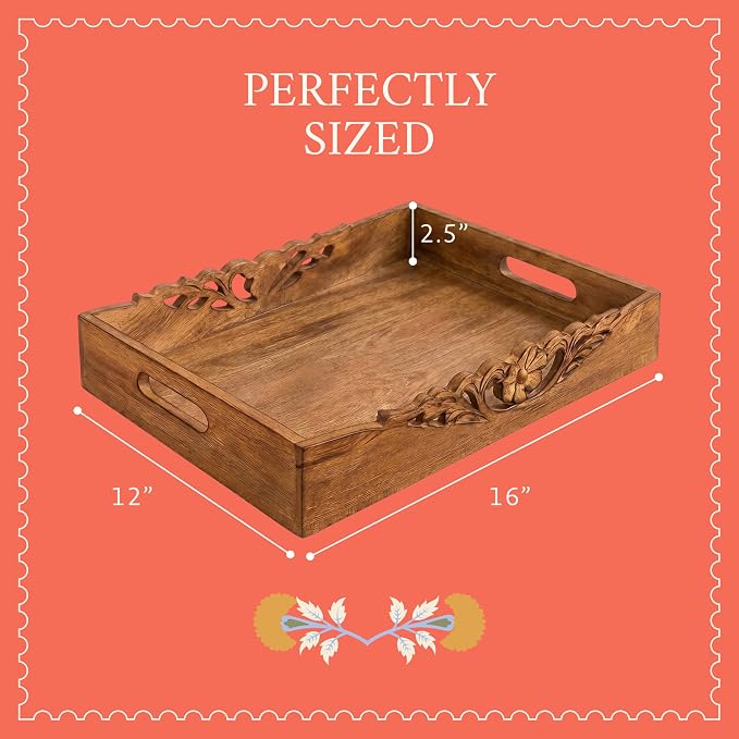 Mela Artisans 16” x 12” x 2.5” Mango Wood Serving Tray with Handles – Orchid Medium Burnt – Handcrafted Wooden Serving Board for Breakfast, Coffee & Home Décor