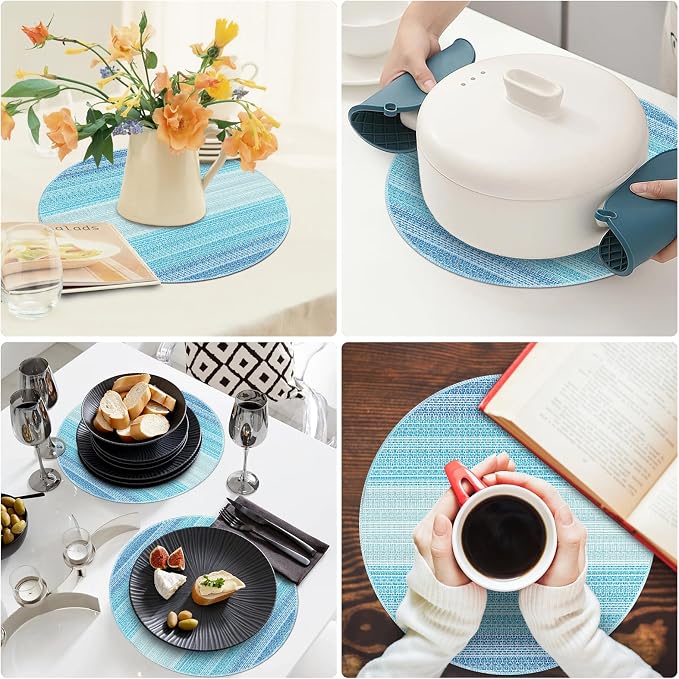 Niviy Round Placemats, Placemats Set of 4, 15 Inch Washable Place Mats Easy to Clean Heat Resistant Table Mats Wipeable Placemat for Holiday Party Kitchen Dining Table Decoration, Blue