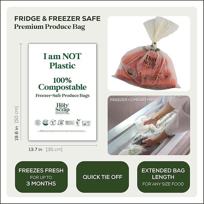 100% Compostable Produce Freezer Bags 3 Gallon Size - 100 Pack - Freezer Safe Bag for Food Storage, Eco Friendly, Plant Based Recyling Kitchen Storage Bags - BPI Certified, OK Compost Home
