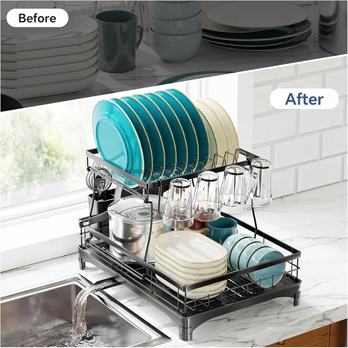 Simple Trending Dish Rack, Stainless Steel Dish Drying Rack for Kitchen Counter, Large Capacity 2-Tier Dish Drainer Organizer with Utensil Holder, Black