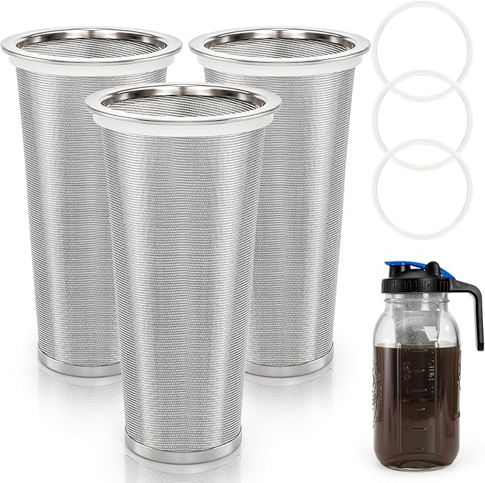 Goaste 3 Pack Cold Brew Coffee Filter for 32oz / 1Quart Wide Mouth Mason Jar, 304 Stainless Steel Strainer with Seal Ring, Coffee Tea Infuser Ultra Fine Mesh for Iced Coffee, Lemonade, Fruit Drinks