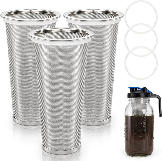 Goaste 3 Pack Cold Brew Coffee Filter for 32oz / 1Quart Wide Mouth Mason Jar, 304 Stainless Steel Strainer with Seal Ring, Coffee Tea Infuser Ultra Fine Mesh for Iced Coffee, Lemonade, Fruit Drinks