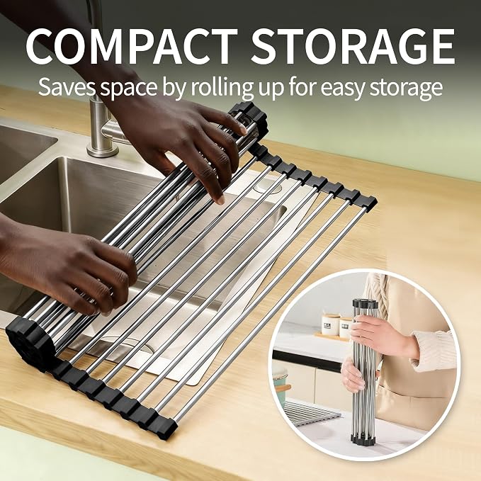 Dish Drying Rack with Roll Up and Over Sink for Kitchen 17"X15.7" (Black)