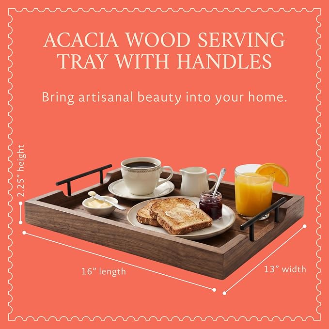 Mela Artisans 16 x 12 x 1.75 in Acacia Wood Serving Tray – Urban Walnut Rectangular Wooden Tray for Breakfast, Charcuterie, Coffee Table Decor & Home Display