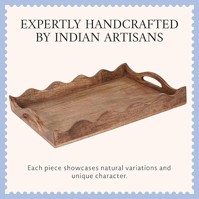 Mela Artisans 14” x 10” x 2.5” Mango Wood Serving Tray with Handles – Ottoman Scallop White Burnt – Medium Handcrafted Wooden Serving Board for Breakfast, Coffee & Home Décor