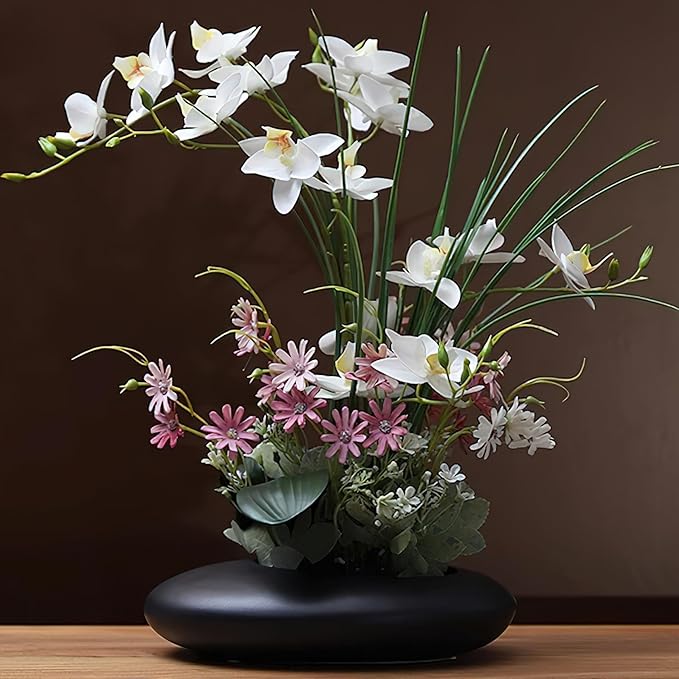 SYDDOL 17'' Artificial Phalaenopsis Flowers Arrangement Artificial Orchid Bonsai in Ceramic Pot Zen Fake Flower Silk Orchid Flower for Home Wedding Party Décor Mothers Day Flowers (White + Blacke Pot)