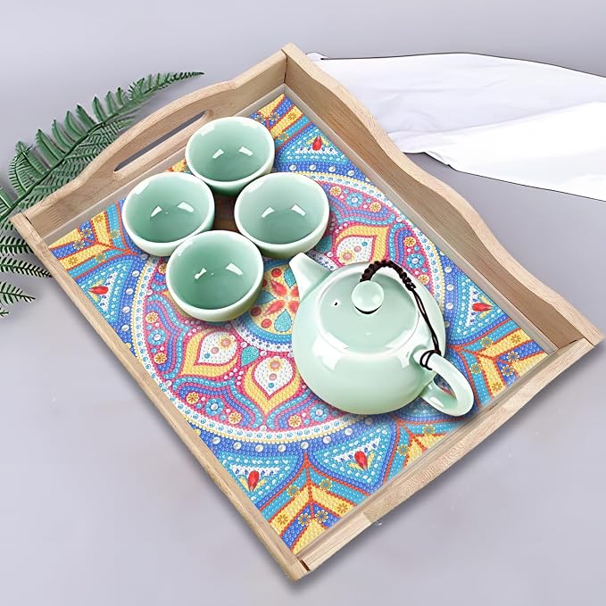 Generic 2Pcs DIY Diamond Serving Tray Rectangular Upgrade Increase Breakfast Tray with Handles Handmade Diamond Art Painting Wooden Tray Dinner Plate for Coffee Living Room Home Organizer-01