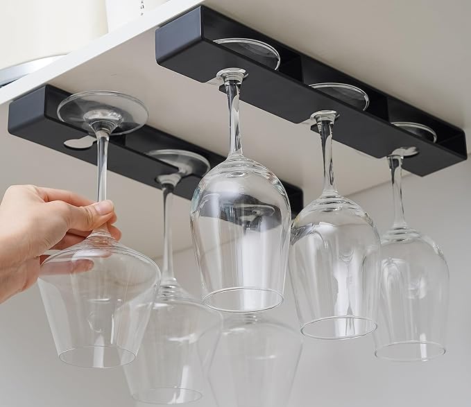 2Pack Wine Glass Holder Under Shelf Cabinet Wine Glass Rack Plastic Stemware Rack Glasses Storage Hanger Bar Kitchen Wine Glasses Organizer (black)