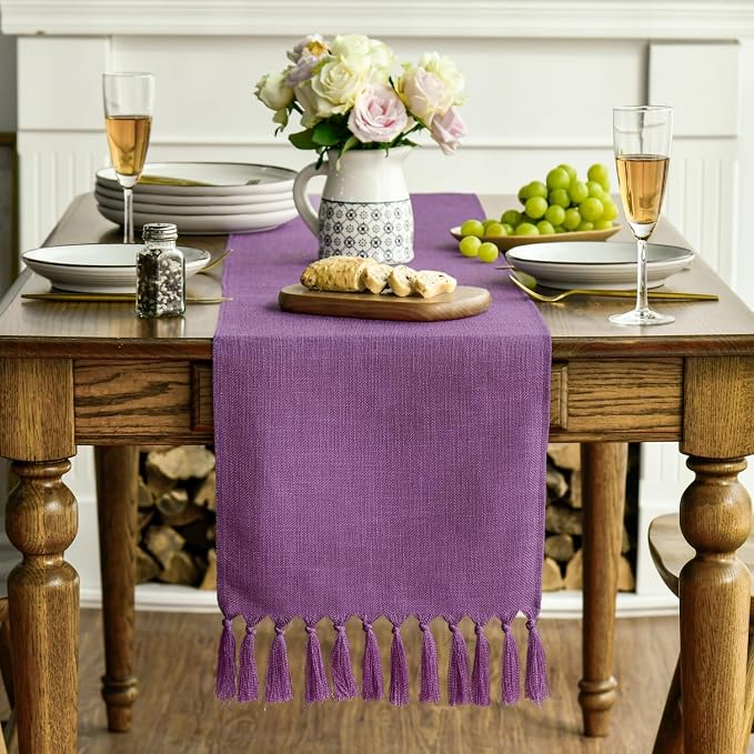 Artoid Mode Lilac Purple Tassel Table Runner, Mardi Gras Linen Blend Rustic Farmhouse Style Kitchen Table Decoration Holiday Wedding Party Dinning Decor 13x36 Inch