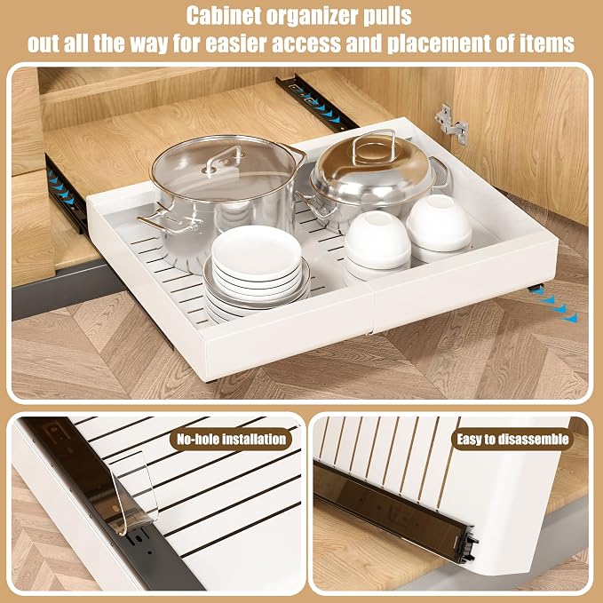 Pull Out Cabinet Organizer, Width Expandable (11.7"-19.7") Heavy Duty Slide Out Drawers Fixed with Adhesive Nano Film for Pots, Roll Out Shelf Storage For Kitchen,Pantry,Garage,Bathroom Storage