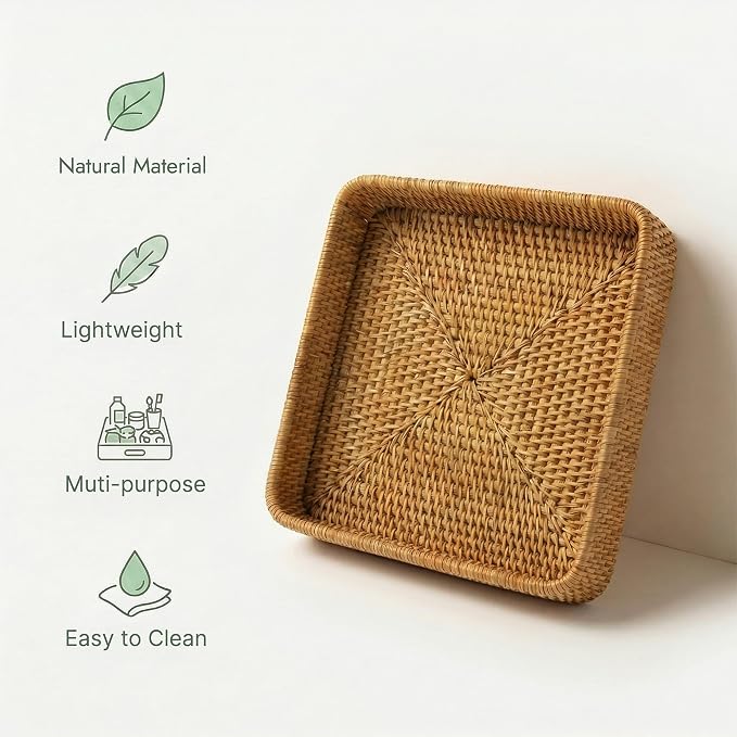 8.3" x 8.3" Wicker Tray, Woven Decorative Tray, Square Rattan Tray Bathroom Vanity Tray Catchall Organizer for Perfume Skincare Jewelry Coffee Bar Kitchen Counter Nightstand Living Room (Square S)