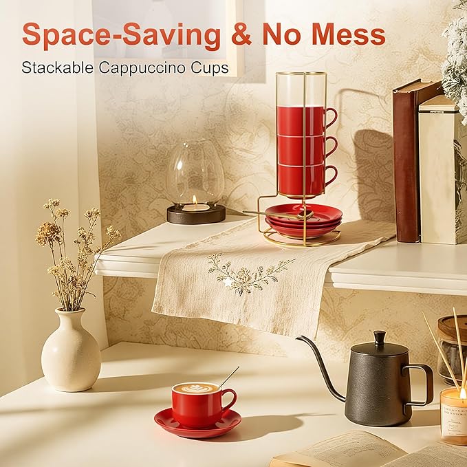 8 Ounce Cappuccino Cups Set of 4, Stackable Cappuccino Mugs, Includes Display Stand, Cups Saucers, and Spoons, for Machines & Home Use, Red, Gold Tone