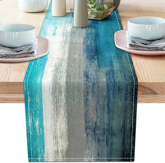 Teal Grey Table Runners Modern Art Farmhouse Linen Table Runners Dresser Scarves Retro Rustic Style for Party Kitchen Dining Table Coffee Holiday Party Decor (13"x 36", Teal Grey)