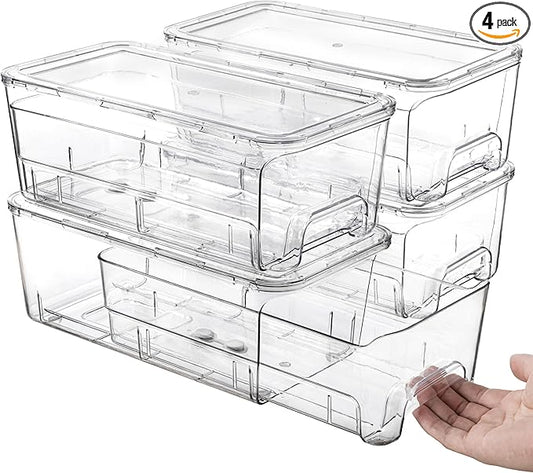 Audend Clear Stackable Storage Bins with Lids, 4 Pack Plastic Storage Containers with Handle for Pantry and Snack Organizers, Suitable for Kitchen, Bathroom, Fridge, Cabinet