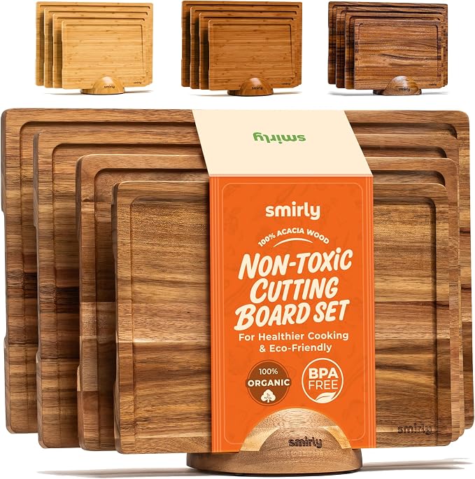 SMIRLY Acacia Wood Cutting Boards for Kitchen - Wood Cutting Board for Meal Prep, Serving, Charcuterie - Kitchen Gadgets, House Warming Gifts - Wooden Chopping Board Set of 4 with Holder