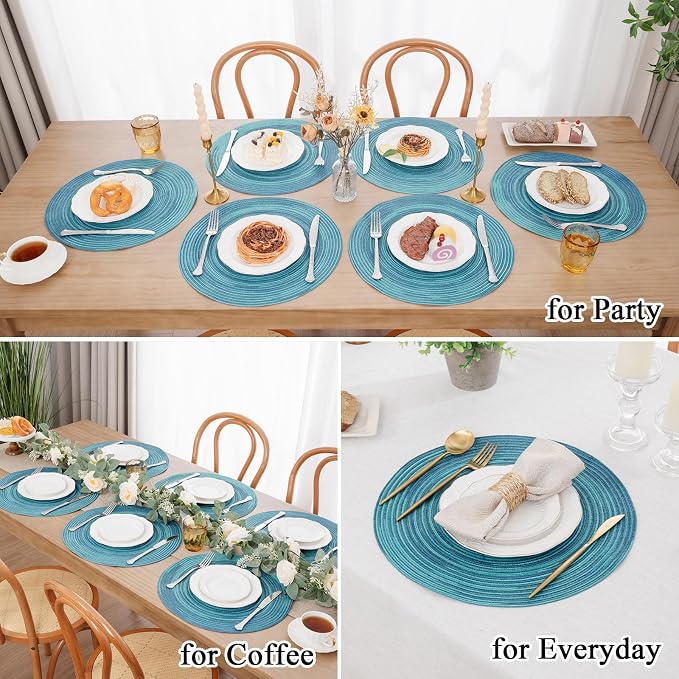 SHACOS 15 inch Round Placemats Set of 8 Variegated Multicolor Place Mats Cotton Polyester Braided Non Slip Washable Heat Resistant Table Mats for Home Wedding Dinner Party Table Decor, Rainbow Teal