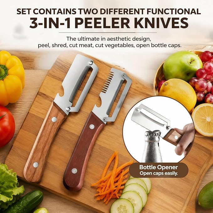 3-in-1 Vegetable Peeler with Scallion Shredder & Bottle Opener – Wide Stainless Steel Blade, Wooden Handle Julienne Cutter, Multi-Functional Kitchen Gadget for Home, Camping, Travel