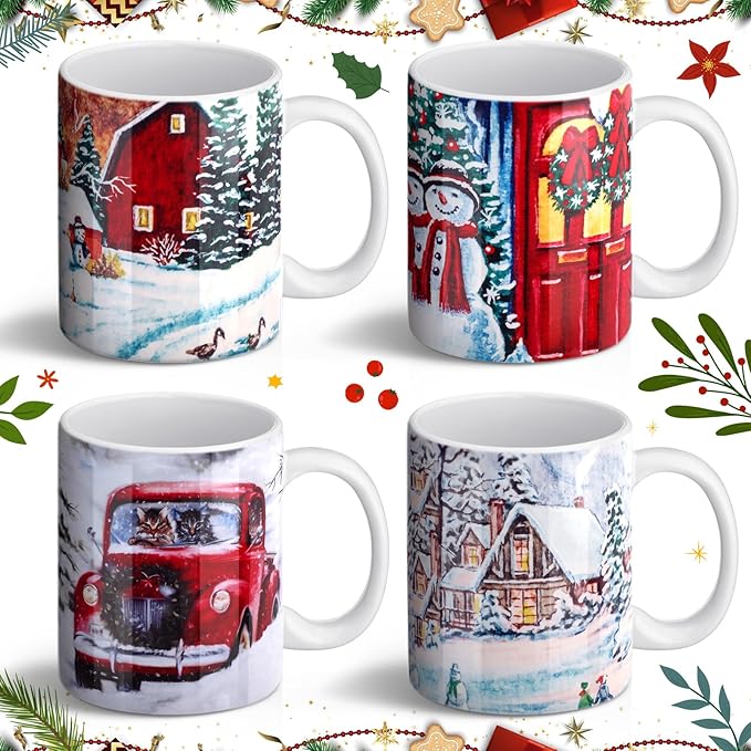 Nitial 4 Pcs Christmas Coffee Mug Sets 12oz Farmhouse Christmas Cups Bulk Gift for Women Men Decoration for Kitchen Office Home(Truck)