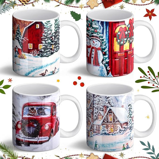 Nitial 4 Pcs Christmas Coffee Mug Sets 12oz Farmhouse Christmas Cups Bulk Gift for Women Men Decoration for Kitchen Office Home(Truck)