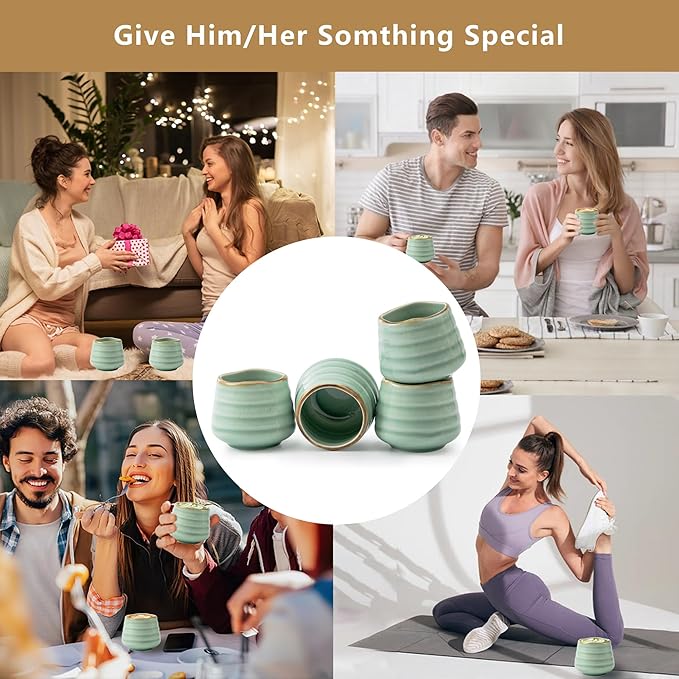 4pcs Japanese Tea Cup Set – Mini Size Cup 5OZ Ceramic Matcha Cup, Handless Espresso Cups, Cute Small Porcelain Coffee Mugs for Coffee Tea Lovers, Dishwasher & Microwave Safe (Mint)