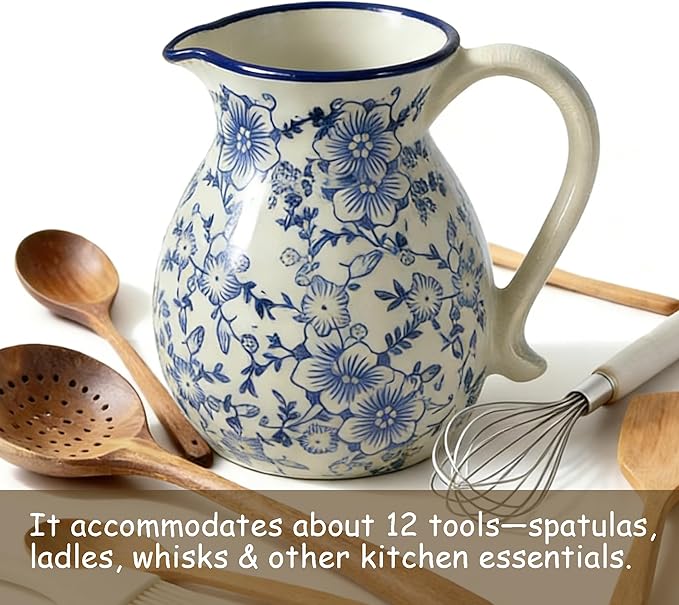 Ceramic Utensil Holder for Kitchen Counter, 6.1 Inch Modern Farmhouse Rustic Cooking Utensil Holder for Countertop Home Decor, Vintage Utensil Organizer Crock for Cooking & Spoon Tools (Blue & White)
