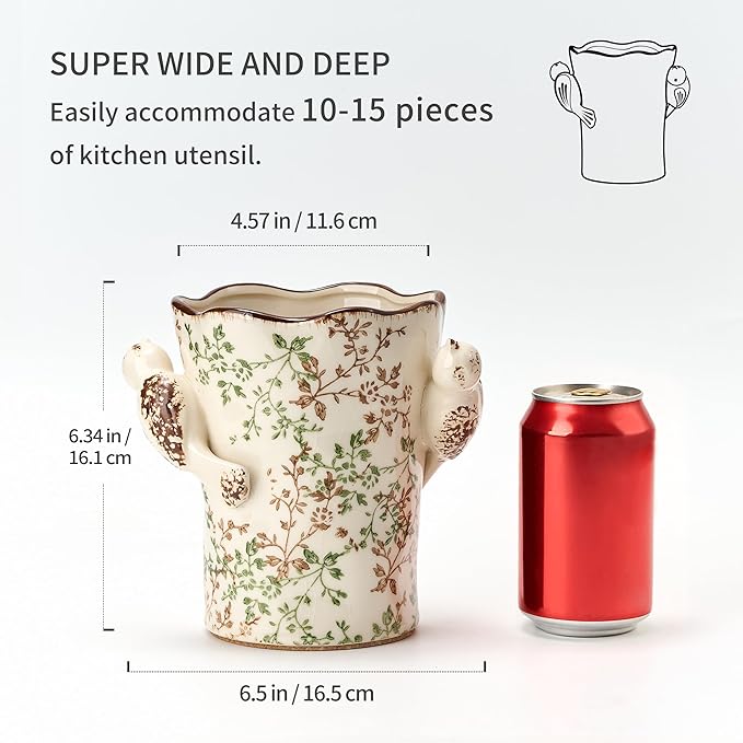6.34'H Utensil Holder for Kitchen Counter, Modern Farmhouse Cooking Utensil Holder and Crock Home Kitchen Decor, Ceramic Utensil Organizer for Spatula, Ladle, Eggbeater, Rolling Pin- Green and Beige