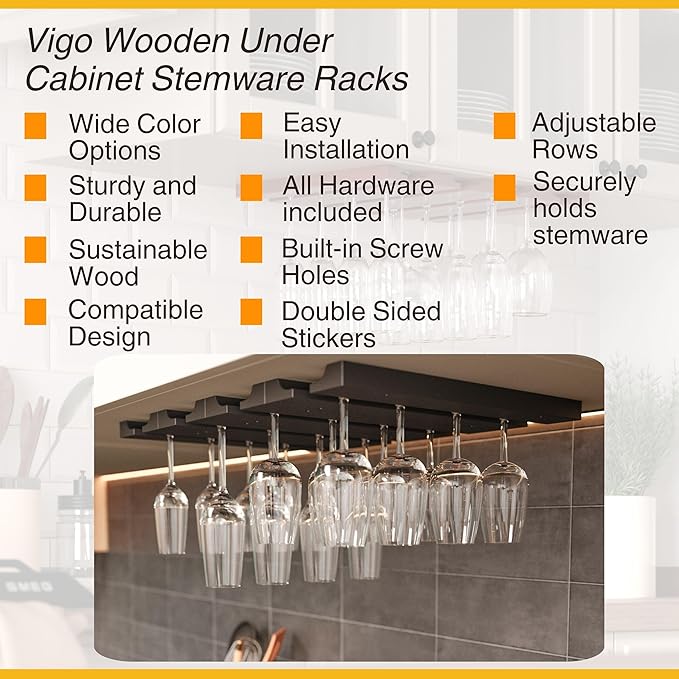 Rustic State Vigo 4 Sectional Adjustable Under Cabinet Mount Wood Stemware Rack Hanging Shelf Glassware Holder Bar Organizer with up to 12 Wine Glass Storage 12 Inch Deep Black