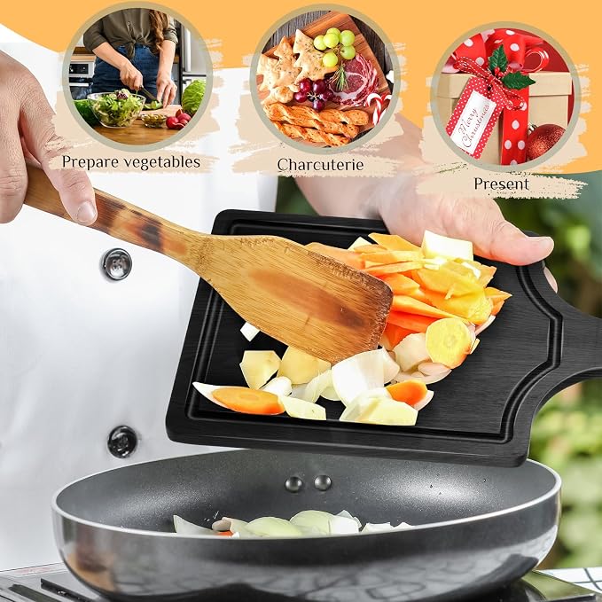 Geetery 3 Packs 12 Inch Black Wood Chopping Boards with Handle and Deep Juice Groove Small Bamboo Wooden Pizza Paddle Serving Boards Tray Charcuterie Plank Chopping for Cheese Steak Bread