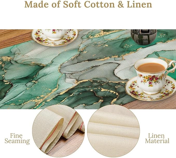 Marble Table Runner, Abstract Green and Gold Foil Modern Luxury Texture Printed Linen Table Runners for Living Room Kitchen Dining Room Party Holiday Home Decor 13" W x 108" L