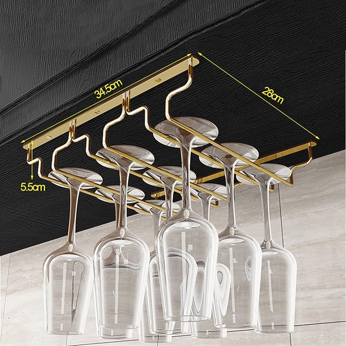 Gold Wine Glass Rack Hanging Metal 304 Stainless Steel Under Cabinet Shelf Stemware Racks Wine Champagne Goblets Holder for Kitchen Bar Pub (Size : 34.5x28x5.5cm)