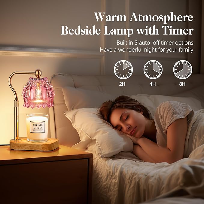 Candle Warmer Lamp with Timer Dimmer, Modern Wax Warmer for Scented Wax Jar Candle Warmer with 2 Bulbs, Adjustable Height Glass Lamp for Gifts for Women, House Warming Gifts, Home Decor, Gold Pink