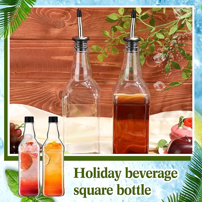 Dandat 6 Packs 800ml Plastic Empty Syrup Bottles with Lids and Pourers Speed Pour Long Neck Bottles Bulk Pour Containers for Oil Juice Syrup Coquito Drink for Kitchen Bar Holiday Drink Party