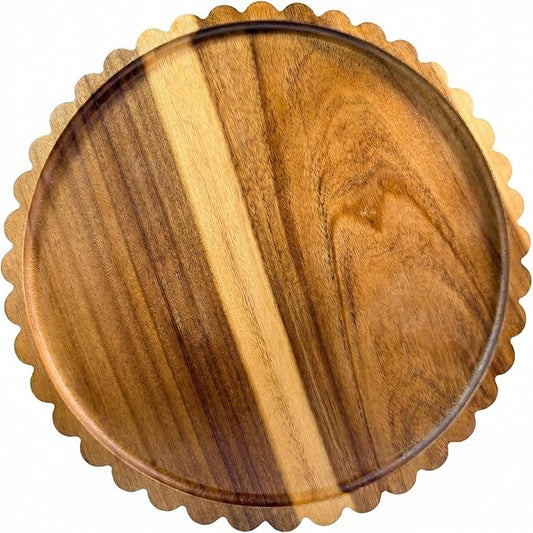 Wooden Decorative Tray,13.8 Inch Round Acacia Scalloped Tray for Coffee Table Decor,Bandeja de Madera para Decoración for Kitchen, Dining Room, Living Room and Home Decor