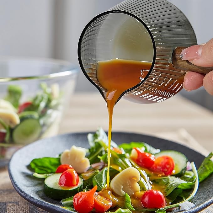 Joeyan Espresso Measuring Cup, 7oz Gray Espresso Shot Cups with Handle, Double Scale Glass Measuring Cup with Spout, Ribbed Milk Frothing Pitcher, Espresso Machine Coffee Bar Accessories