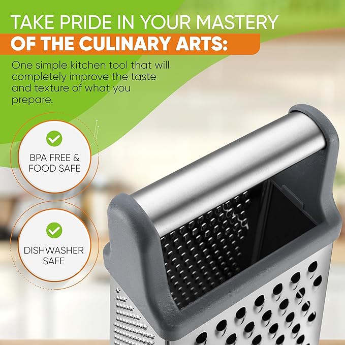 Spring Chef Professional Cheese Grater - Stainless Steel Box Grater for Kitchen, XL Size, 4 Sides - Perfect Shredder for Parmesan Cheese, Carrot, Potato, Ginger - Dishwasher Safe - Gray