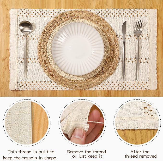 Handmade Boho Placemats Set of 4 | Natural Woven & Fabric Cotton Combo Table Mats | 8-Piece Versatile Place Mats | Rustic Farmhouse Style Dining Table Decor