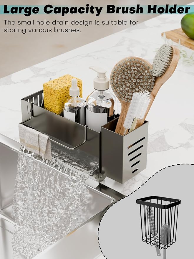 Kitchen Sink Caddy Organizer, Sponge Holder for Kitchen Sink with Upgraded Extra-Wide Drain Board, Efficient Drainage, Stainless Steel with Rust-Resistant Coating