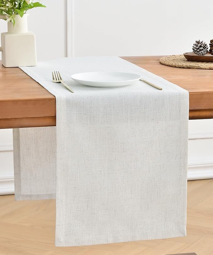 Wracra Linen Style Table Runner, Rustic Farmhouse Off White Table Runners 90 Inches Long, Handcrafted Table Runner for Fall, Winter - Everyday Use and Machine Washable