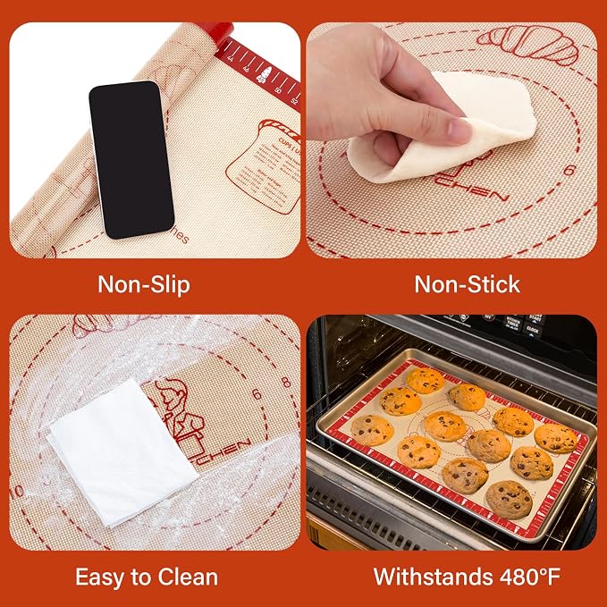 Non-Slip Silicone Baking Mat - 32x24 inch Extra Thick Pastry Mat with Measurements for Sourdough, Macarons, Bread, Pizza, Dough Rolling, Kneading, Oven Mat Heat Resistant to 480°F for Baker