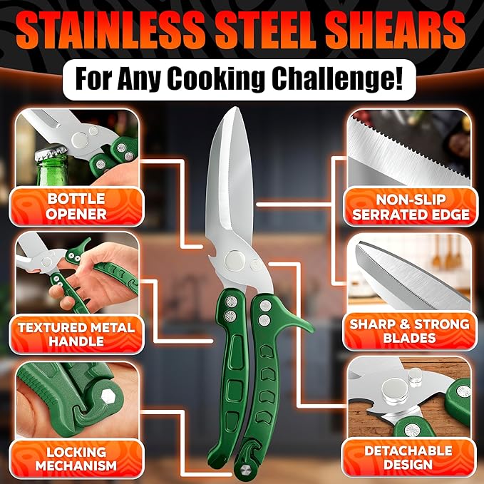 Heavy Duty Poultry Shears – Kitchen Shears Dishwasher Safe, Spring-Loaded, 3Cr14 Steel, Micro-Serrated, Separates for Easy Cleaning | Bone Scissors for Chicken, Turkey, Seafood & Fish Scale (Green)