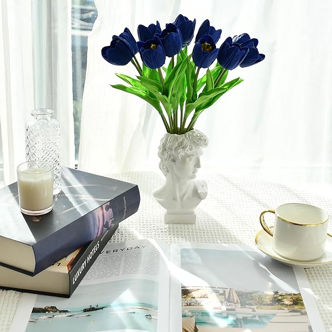 Mandy's Royal Blue Partially Open Artificial Tulips Flowers Centerpiece, 13.5" Lifelike PU Fake Floral Stems 12pcs for Kitchen Island & Dining Table, Spring Decor for Easter