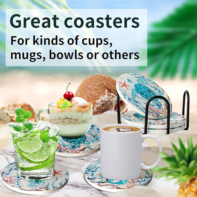 Coasters for Drinks with Holder Set of 6 Ceramic Absorbing Stone Sea Ocean Life Cork Base Coastal Decor Beach Theme Tropical Table Coaster for Coffee Cocktail Beverage Wine Beer Cup Mug