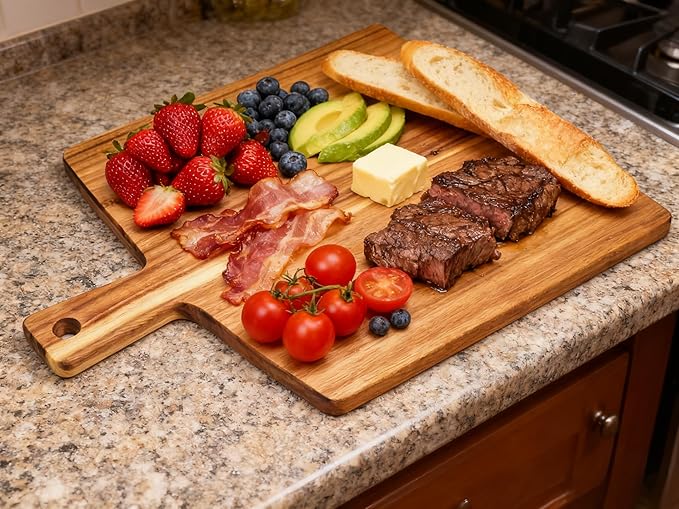 Large Acacia Wood Cutting Board with Handle 17''X13'', Charcuterie Board, Serving Board, Chopping Board for Meat, Cheese, Bread, Vegetables & Fruits (Square)