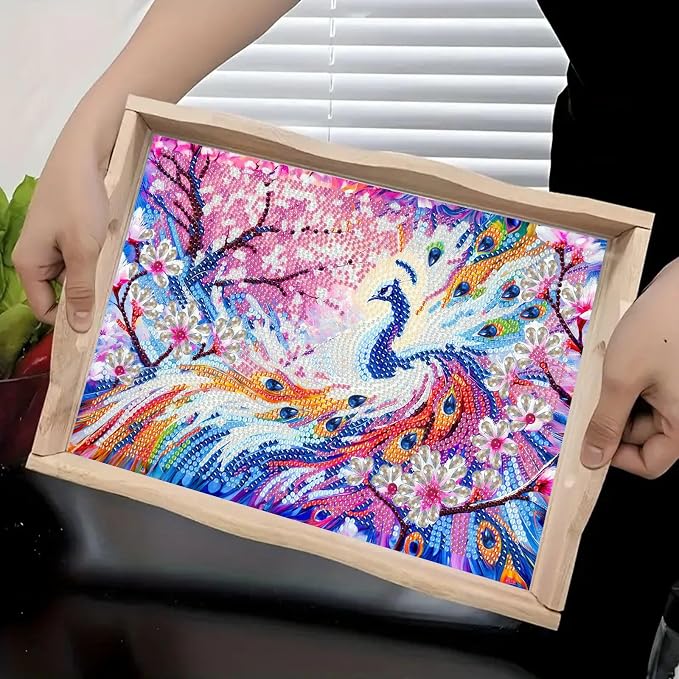 DIY Diamond Serving Tray Rectangular Wooden Breakfast Tray with Handle Handmade Diamond Art Painting Spring Creative Dinner Plate Coffee Room Living Home Organizer-Peafowl