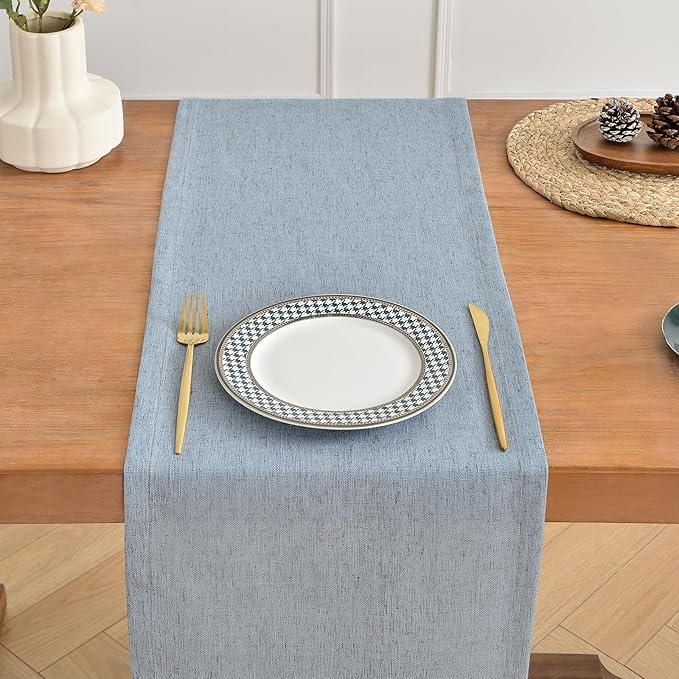 Wracra Linen Style Table Runner, Rustic Farmhouse Chambray Dusty Blue Table Runners 60 Inches Long, Handcrafted Table Runner for Fall, Winter - Everyday Use and Machine Washable