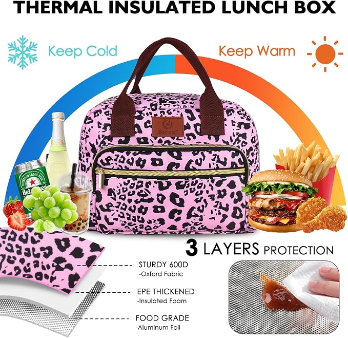 Insulated Lunch box for Women,Leakproof Quilted Thermal Lunch Bag, 14L Large Capacity Lunch Tote Bag Lightweight LunchBox Cooler for Work, School, Picnic or Travel with 2 Front Pocket-Leopard print
