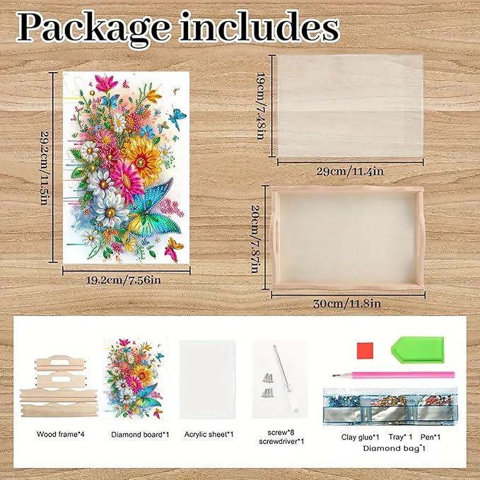 DIY Diamond Art Painting Serving Tray Creative Design Handmade Wooden Rectangular Snack Tray Dinner Plate Drill Craft for Coffee Living Room Home Organizer-Butterfly