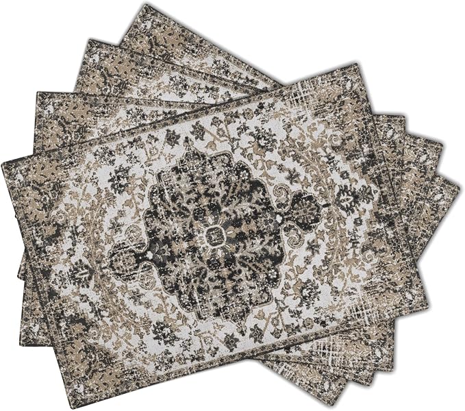 Ethnic Boho Placemats Set of 4 Bohemian Carpet Vintage Gray Floral Linen Washable Kitchen Dining Southwestern Table Mats Stain Heat-Resistant Desktop Decor Place Mats for Home Party Indoor 12x18 in