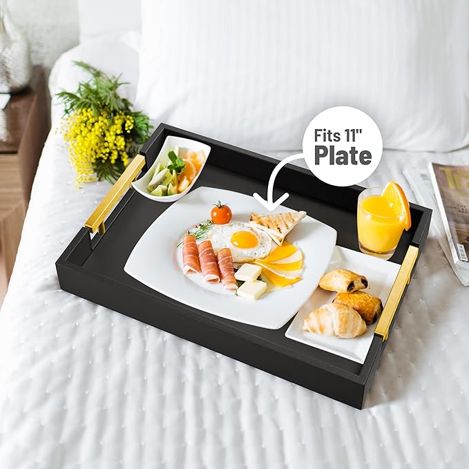 ATZYmolin Leather Serving Tray with Gold Polished Metal Handles, Home Decorative Wooden Rectangle Ottoman Decor Platter Bathroom Vanity Tray for All Occasions Black